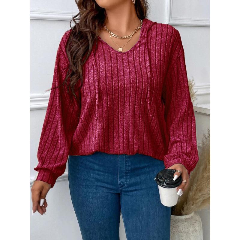 Damen Plus Size Unifarben Gerippt V-Ausschnitt Mit Kapuze Langarm Locker Lässig Strickoberteil