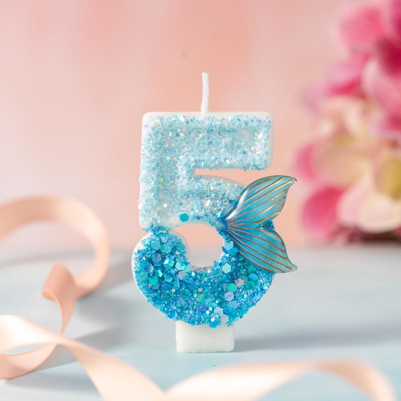 Creative Blue Gradient Mermaid Tail Number Candle for Children's Birthday Cake Party, Age One