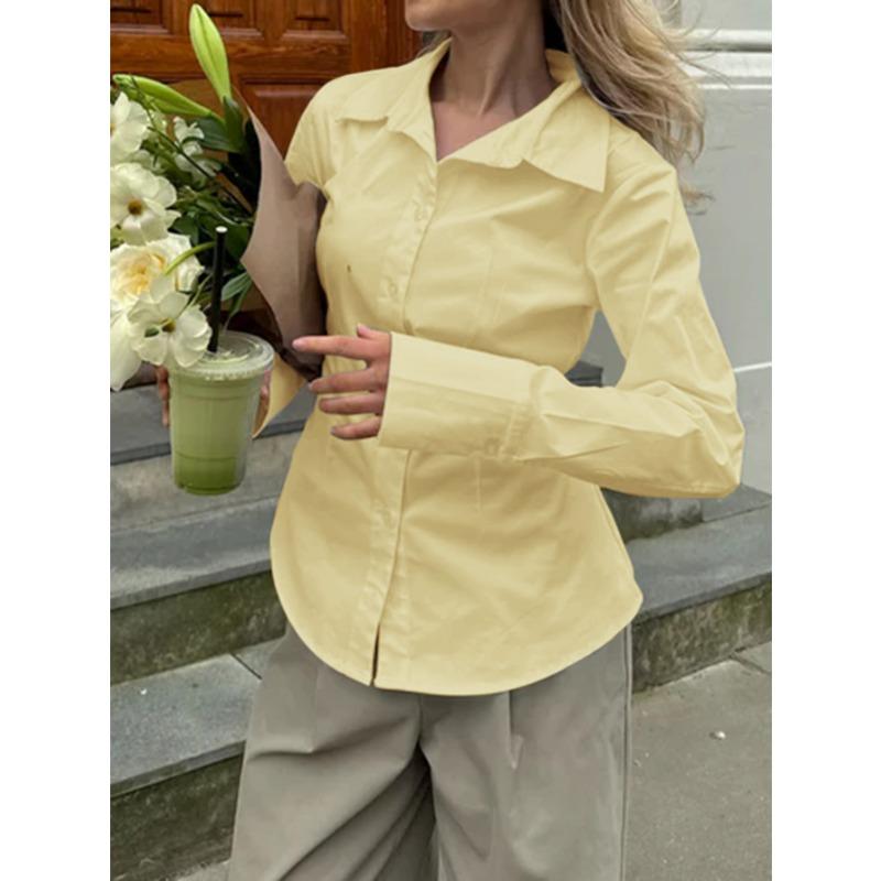 French Women's Resort Style POLO Collar Long-sleeved Single-breasted Waisted Versatile Cardigan Shirt