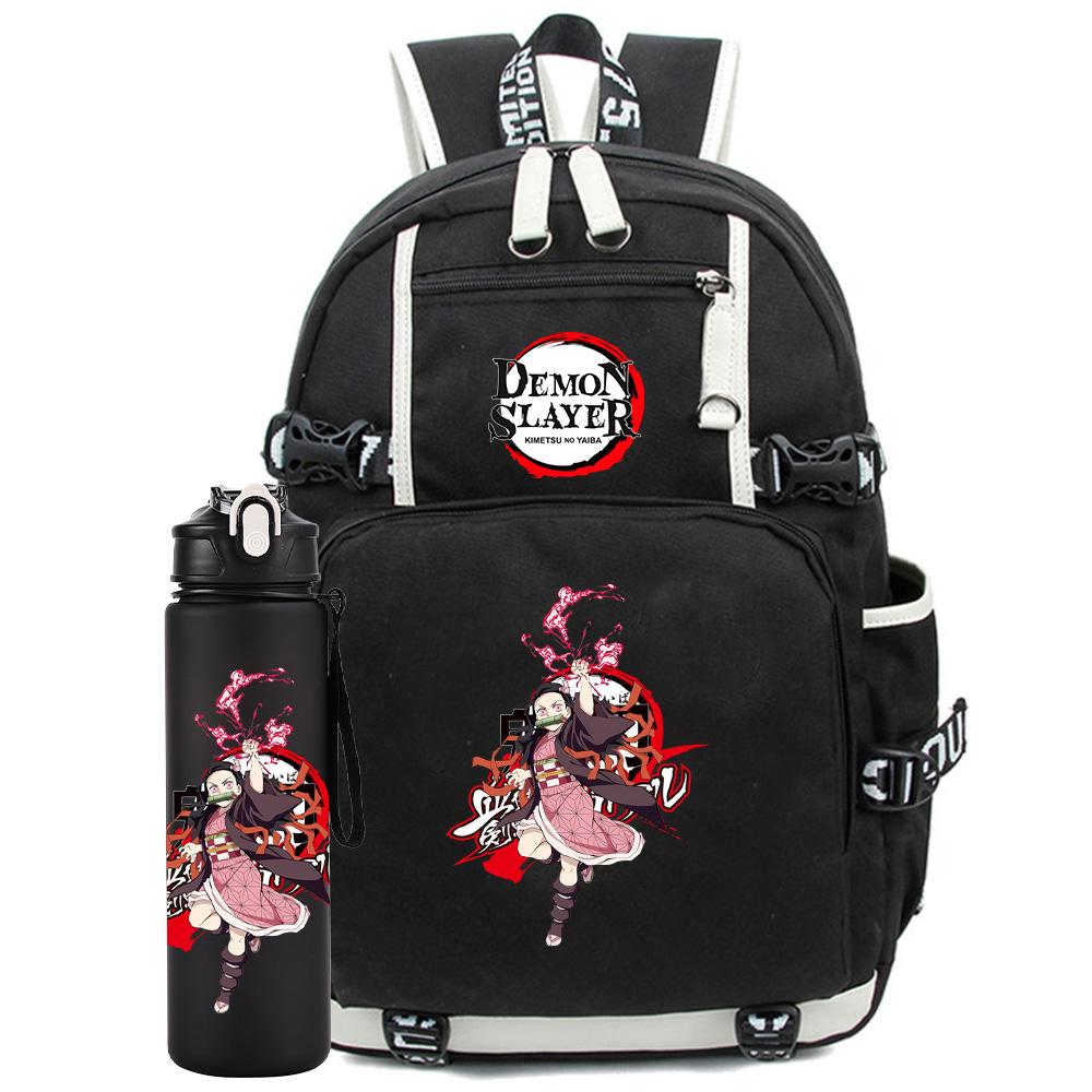 2Pcs/set Anime Demon Slayer Printed Backpack with 750Ml Water Bottler for Teenager Student Girl Boy Large Capacity Waterproof Bookbag Gift