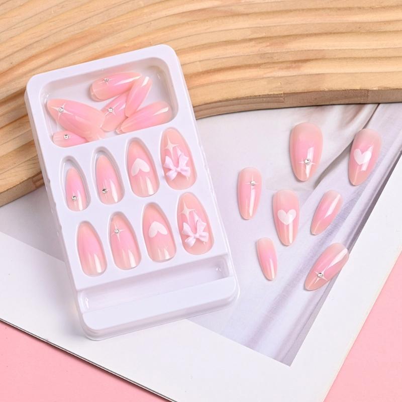 24 Stück Französischer Stil Aufdrücknagel Glänzender Acryl-Falschnagel mit 3D-Schleifendesigns Aufklebenagel für Frauen und Mädchen