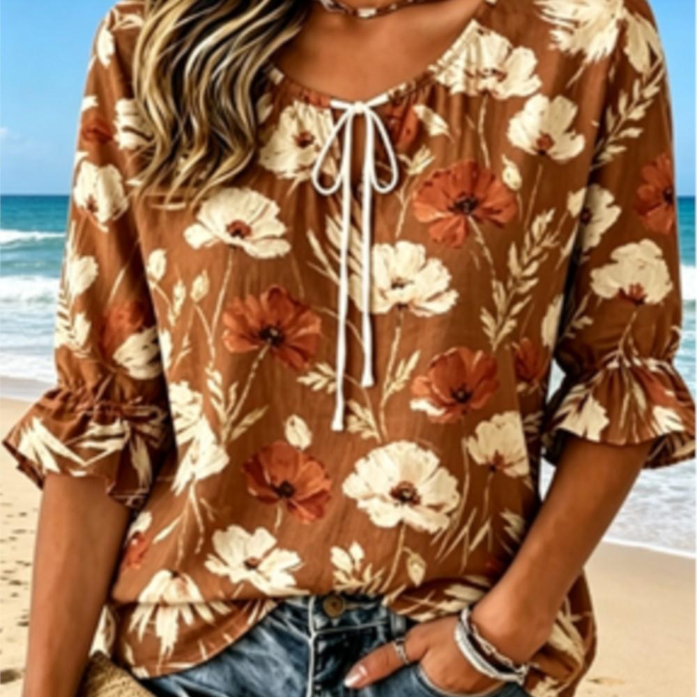 Women's Caramel Watercolor Poppy Wildflower Print Tie Neck Ruffle 3/4 Sleeve Soft Romantic Spring Casual Blouse