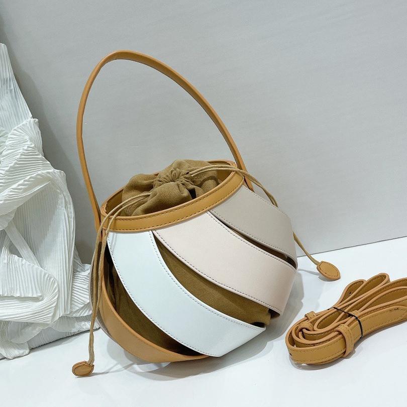 Women'S Pu Leather Balloon Bag Geometric Stitching Bucket Bag Cylindrical Shoulder Bag With Contrasting Color Premium