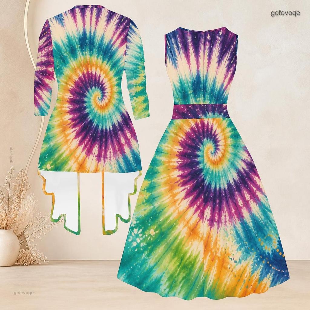 Women Plus Size Two Piece Set Black Multicolor Printed Three Quarter Sleeve Open Cardigan Sleeveless Crew Neck Tie Waist Flared Dress