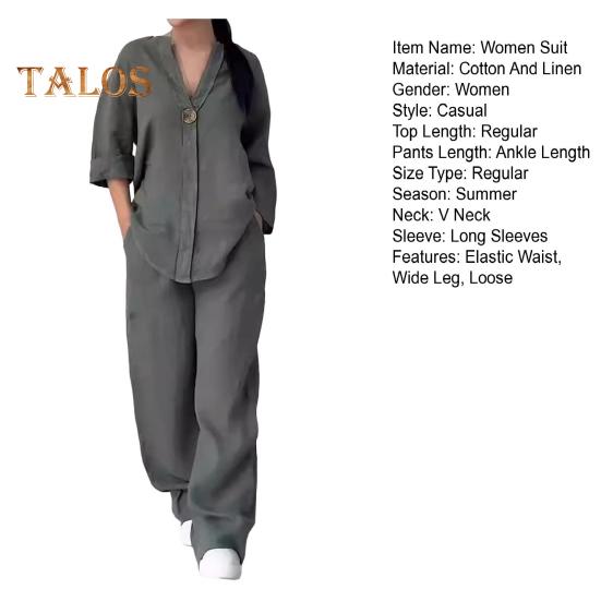 2 pièces/ensemble chemisier pantalon ensemble col en V manches longues bouton décor haut jambe large cordon de serrage taille élastique pantalon OL Commute décontracté tenue de maison