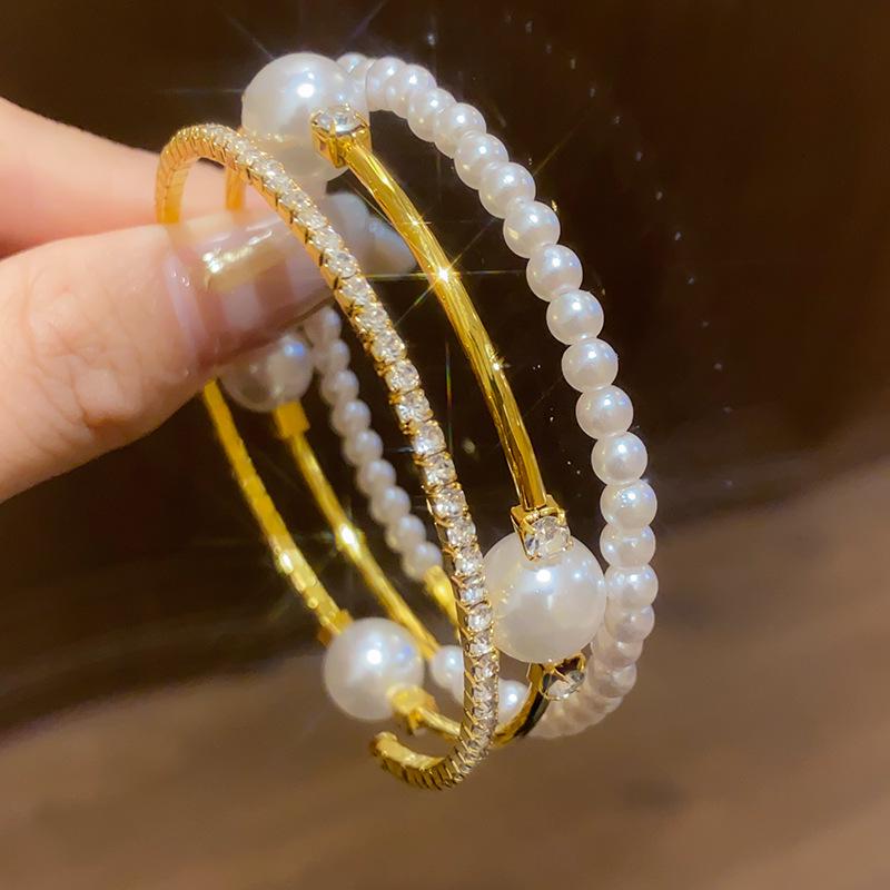 Vintage Multi-Layer Pearl & Diamond Bangle Bracelet for Women - High-End Court Style Jewelry with Light Luxury Appeal