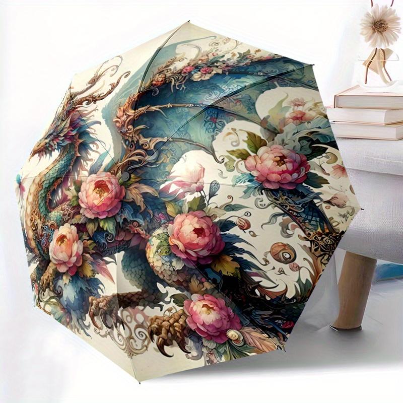 1pc Dragons and Butterflies Automatic Umbrella Design, Cute Cartoon Pattern, Portable Outdoor Umbrella, Perfect R052