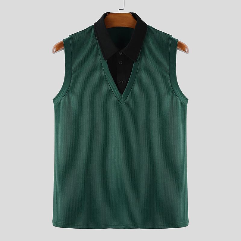 

INCERUN Men Lapel V Neck Sleeveless Stitching Casual Loose Rib Tank Tops 4XL