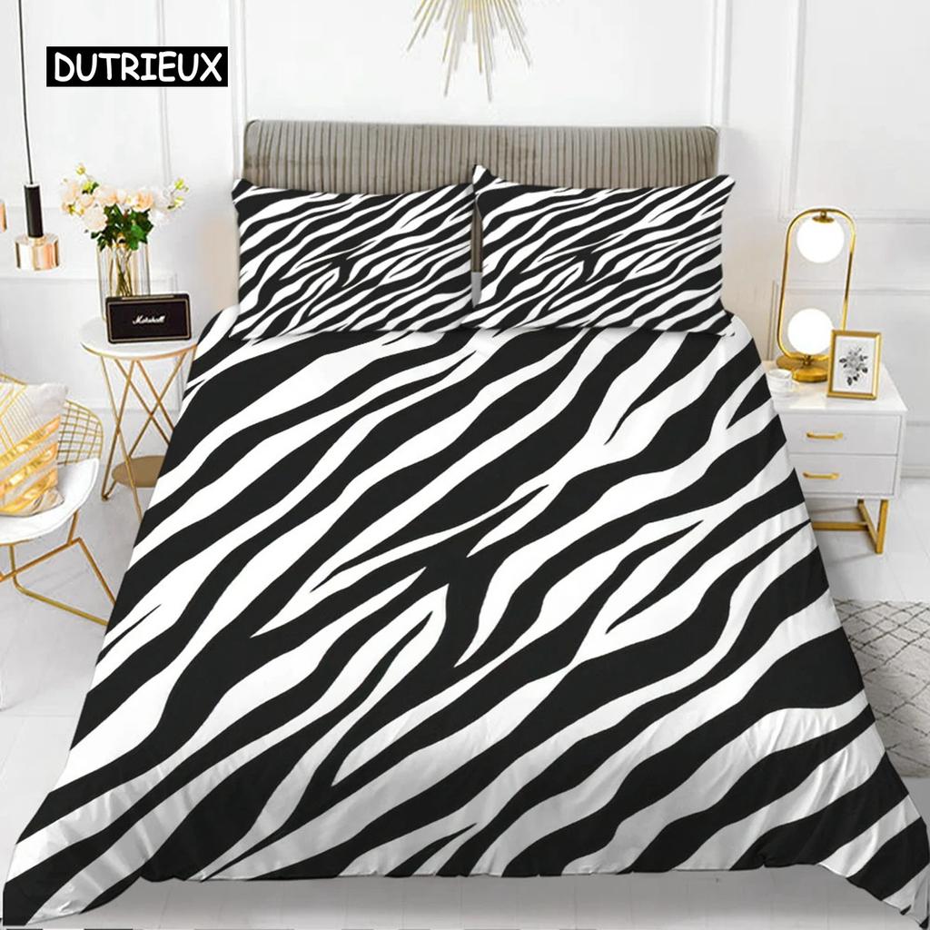 Zebra Print Duvet Cover Set King Polyester Red Black Stripes Bedding Set Wild Animal Zebra Wildlife Skin Quilt Cover for Girls