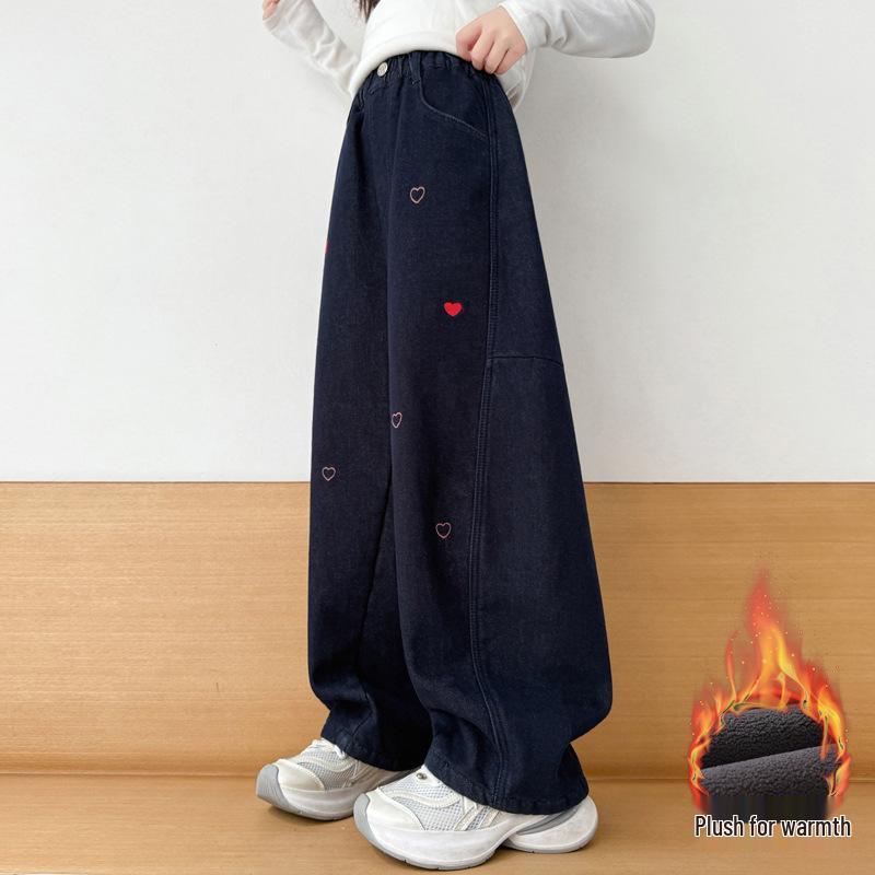 

Girls Fleece-Lined Fashionable Curved Leg Jeans - Thick Winter Trousers for Children 170 cm