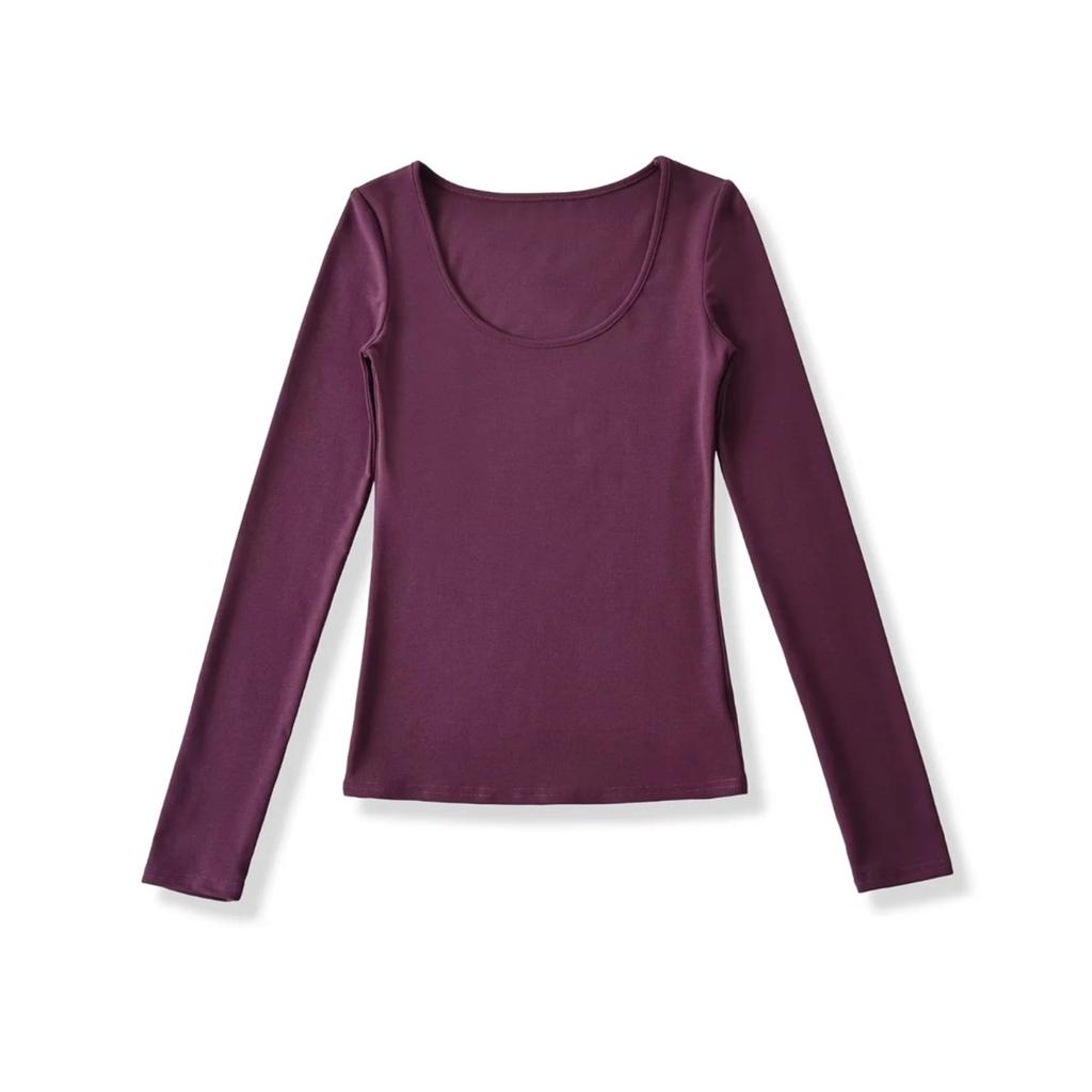 Women's U Neck Long Sleeve Tee Shirt Slim Fit Stretch Basic Solid Color Casual Tunic Top