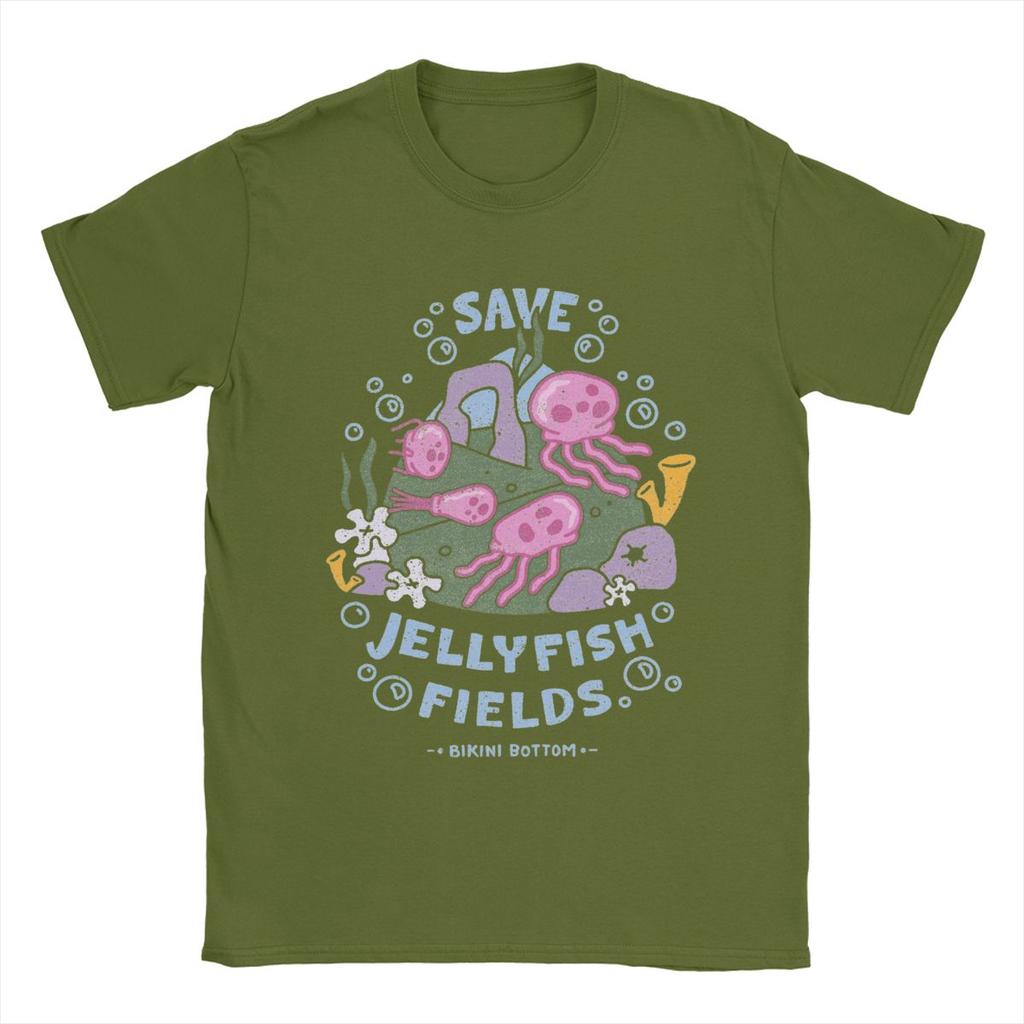 SpongeBobed Save Jellyfish Fields Bikini Bottom T-Shirts for Men Pure Cotton Tee Shirt Short Sleeve T Shirts Summer Clothes