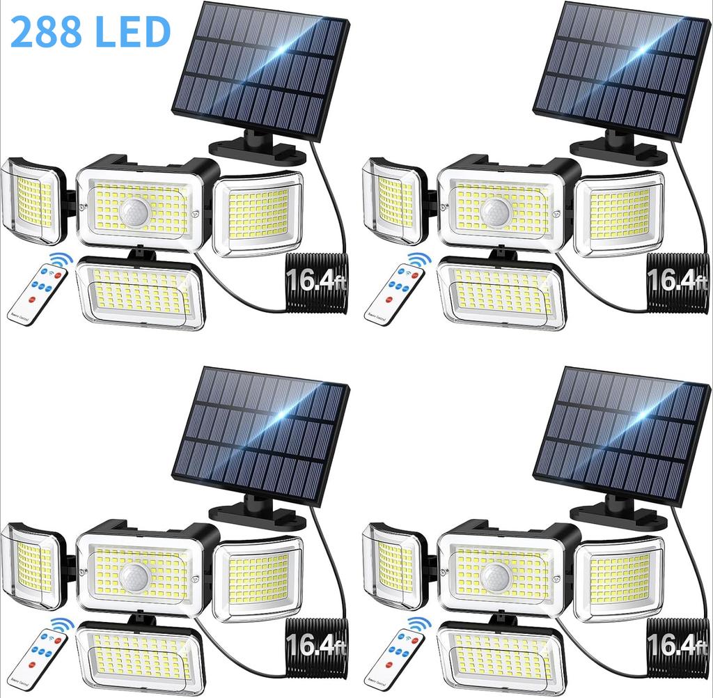 1/2/4PC Solar Outdoor Lights with 288LED Motion Sensor Lights 4 Modes Waterproof 4 Head Solar Security Wall Lamp for Yard Garden