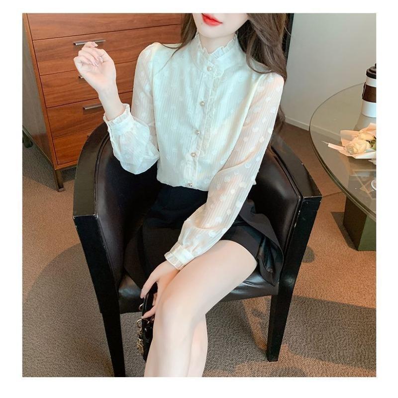 French Stand-up Collar Chiffon Shirt for Women Fashionable and Beautiful Shirt Long-sleeved Bottoming Shirt Top
