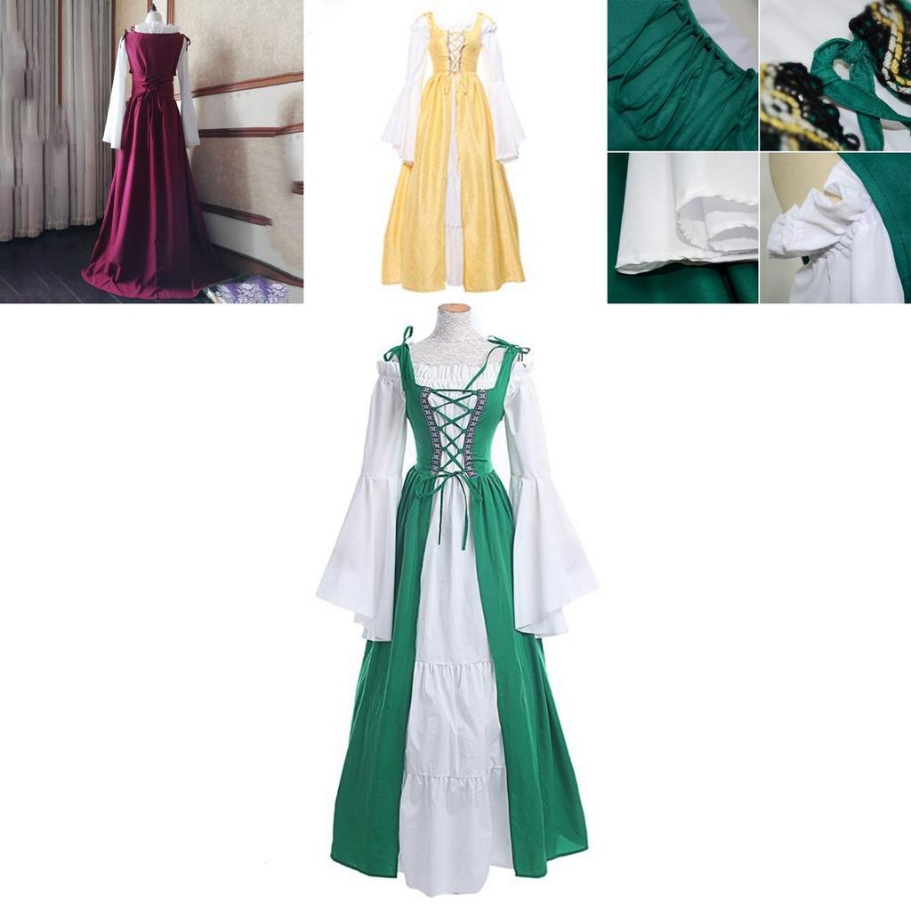 Elegant Women's Vintage Renaissance Medieval Long Dress With Flare Sleeves And Lace-up Detail