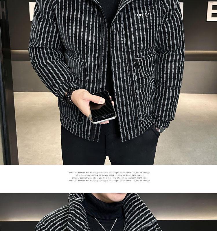 Trendy Brand Men's 2025 Winter White Duck Down Striped Puffer Jacket with Gold Thread and Soft Fur