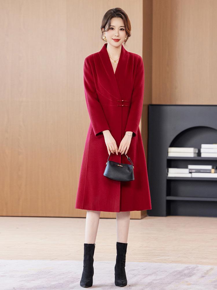 Women's Red Double-Sided Long Wool Coat - 2025 Autumn/Winter Slimming Over-the-Knee Style