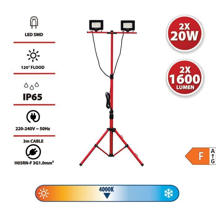 Lampe de travail - TWIN HEAD - 2x20W LED - Trépied extensible - IP65 étanche
