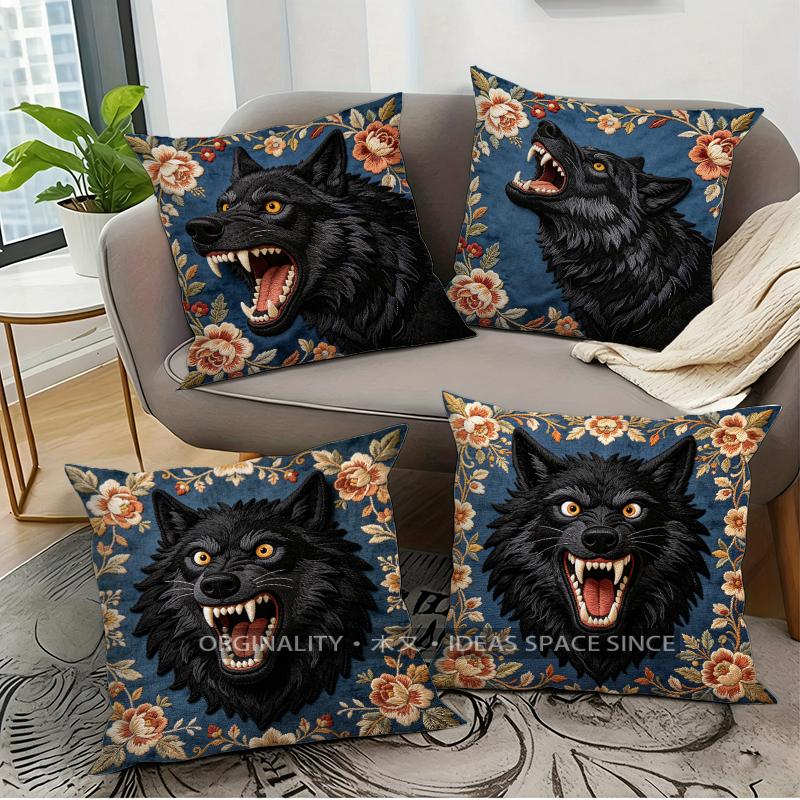 Vintage Floral Roaring Black Wolf Throw Pillow Covers Pattern Cushion Cover Suitable for Sofa Bedroom Car Pillow Cover