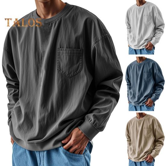 Top da Uomo Primavera Autunno con Taschino al Petto Girocollo Maniche Lunghe Polsini Elasticizzati T-shirt Tinta Unita Felpa Larga per Uso Quotidiano Sport