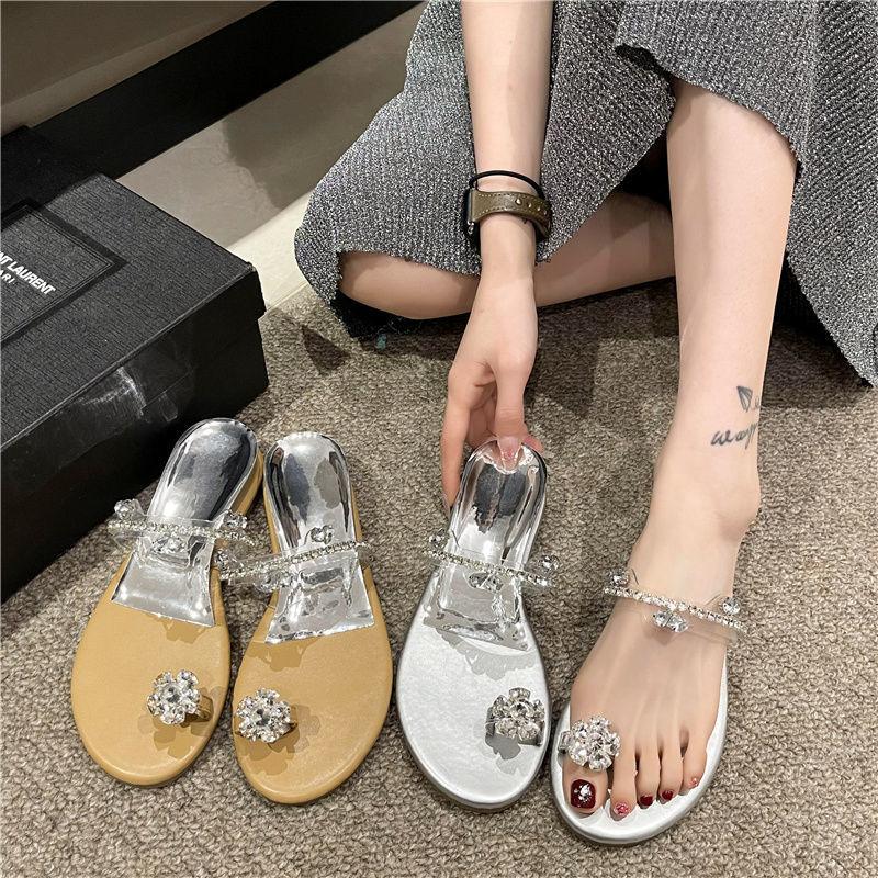 Wedge Heel Set Toe Rhinestone One-word Drag Girl 2025 Summer New Wear Korean Fairy Style Gentle Temperament Cool Slippers