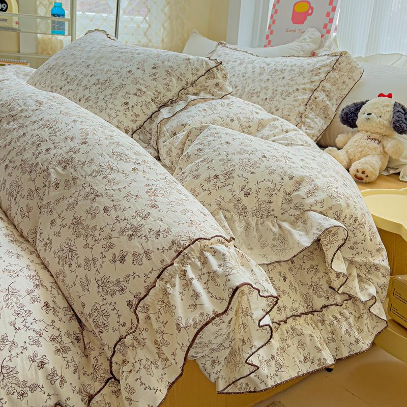 Korean Princess Style Floral Ruffles Bedding Set Washed Cotton Skin-friendly Soft Duvet Covers Set Bed Sheet Pillowcases 3/4Pcs