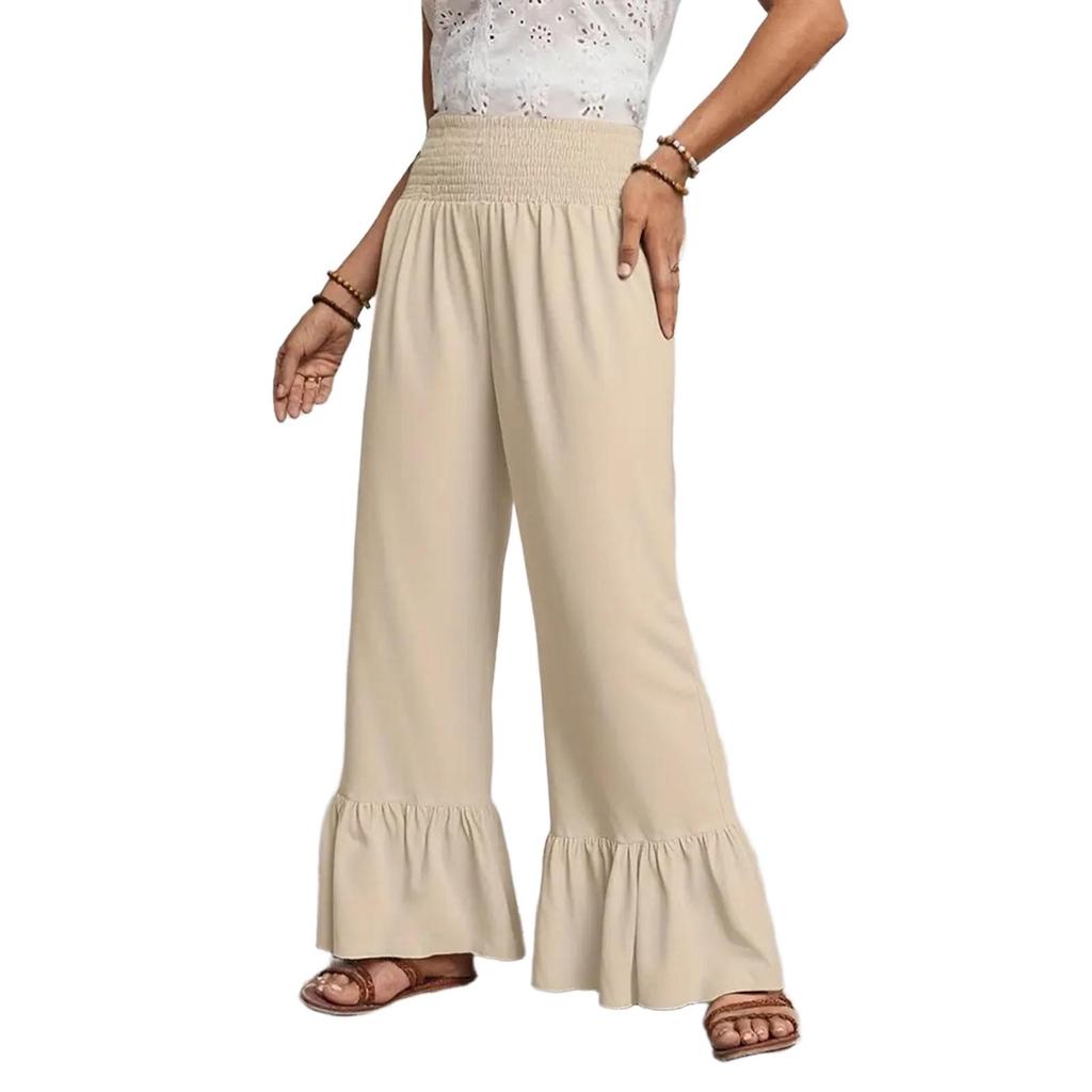 Damen Sommerhose Plissee Hohe Taille Rüschenhose Locker Lässig Urlaub Strand Yogahose