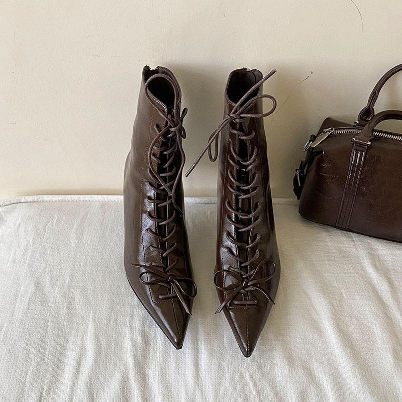 Módní dámské kotníkové boty s špičatou špičkou a tenkým podpatkem, módní šněrovací moderní dámské krátké boty, dámské lodičky