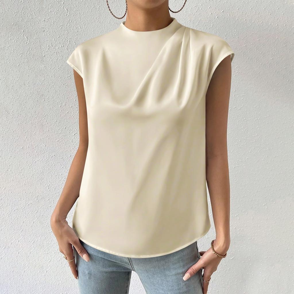 Women's Casual Elegant Satin Pleated Round Neck Shirt Solid Color Pullover Sleeveless Formal Work Shirt Top