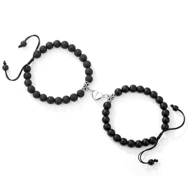 Trendy Couple 2Pcs/Set Natural Stone Beads Love Heart Magnetic Bracelet For Women Men Charm Peach Beaded Bracelets Jewelry Gifts