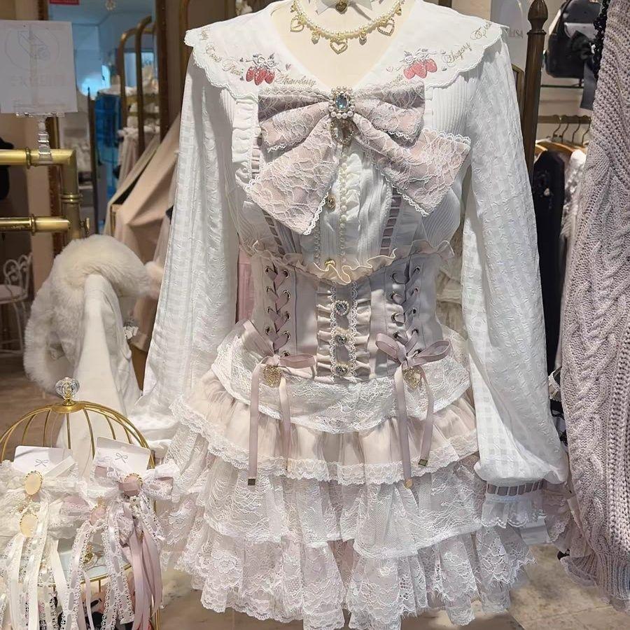 Japanese Sweet Lolita Style Mini Skirt Women Elegant Lace Bandage Party Cake Skirts Female Gothic Y2k Metal Buckle Skirt