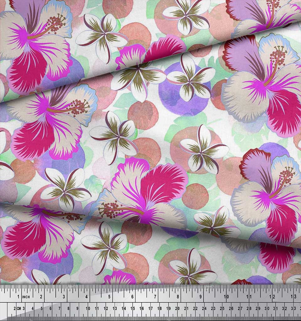 Soimoi Japan Crepe Satin Fabric Leaves & Plumeria Flower Decor Fabric Printed Metre 42 Inch