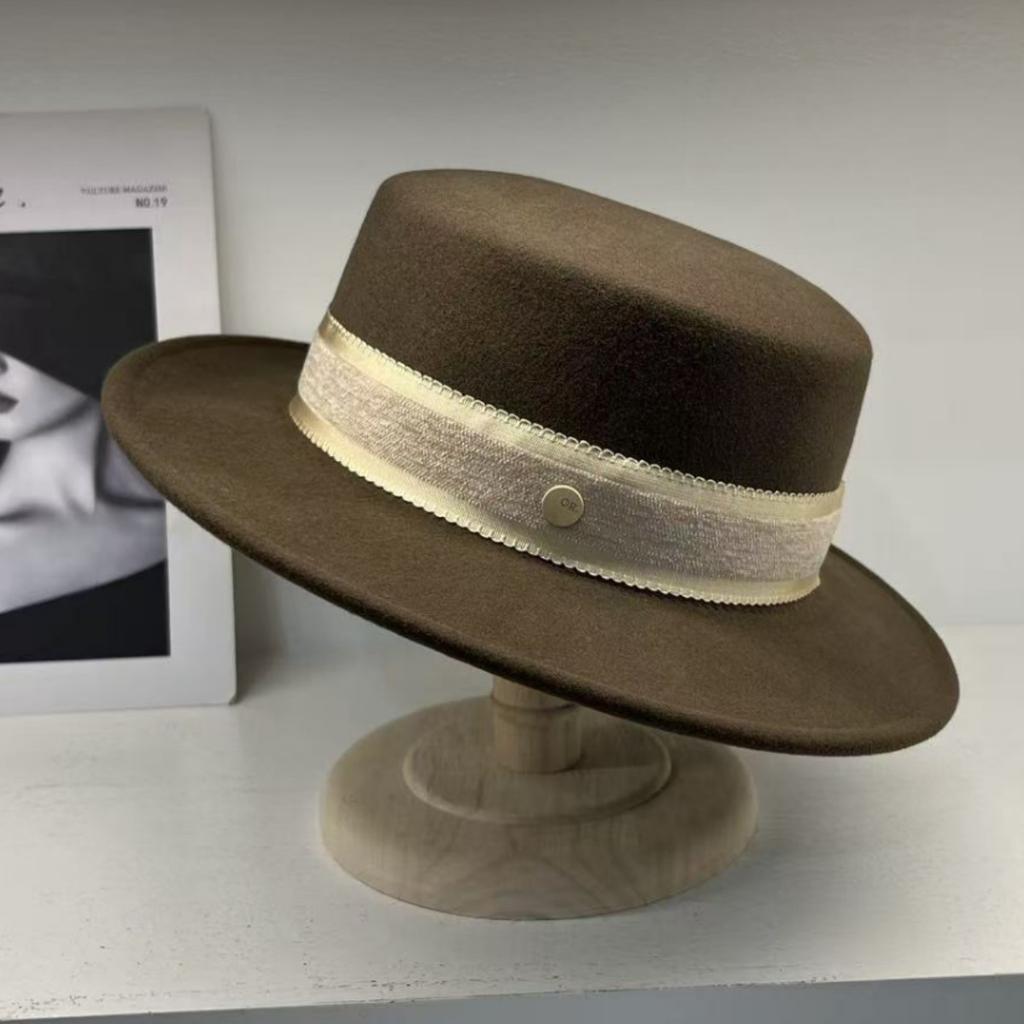 French Hepburn Style Light Luxury Versatile British Flat Top Australian Wool Top Hat Women's Autumn and Winter Outdoor Leisure Elegant Hat