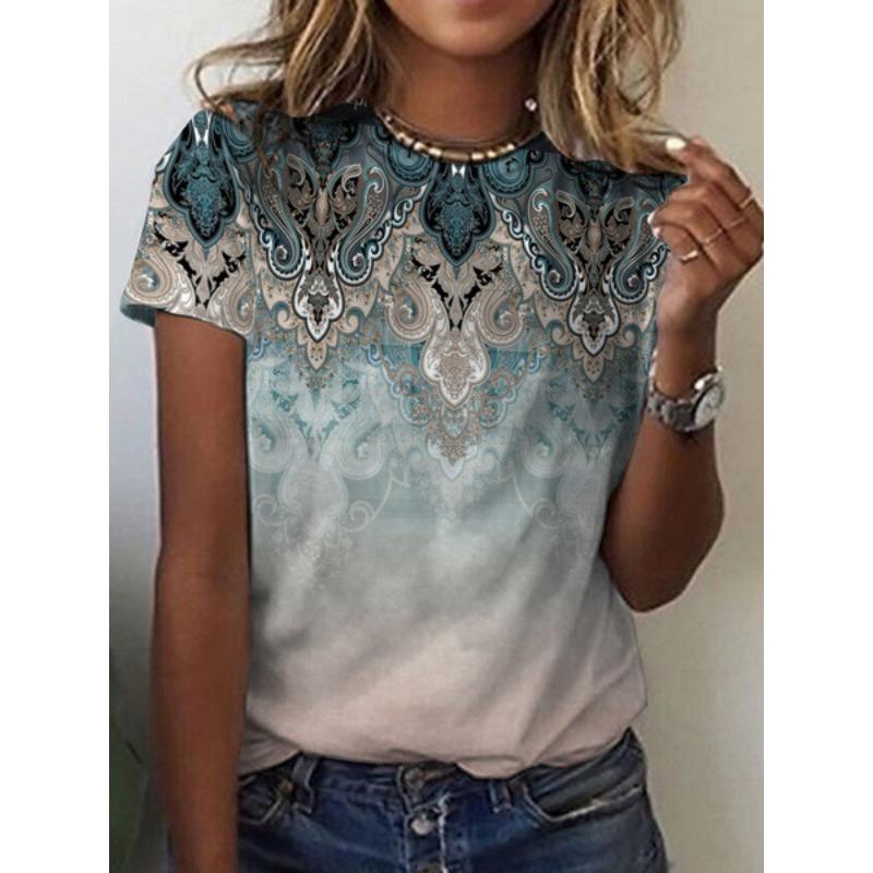 Summer Round Neck 3D Flower Print Top Fashionable Casual Short Sleeved Women's T-shirts