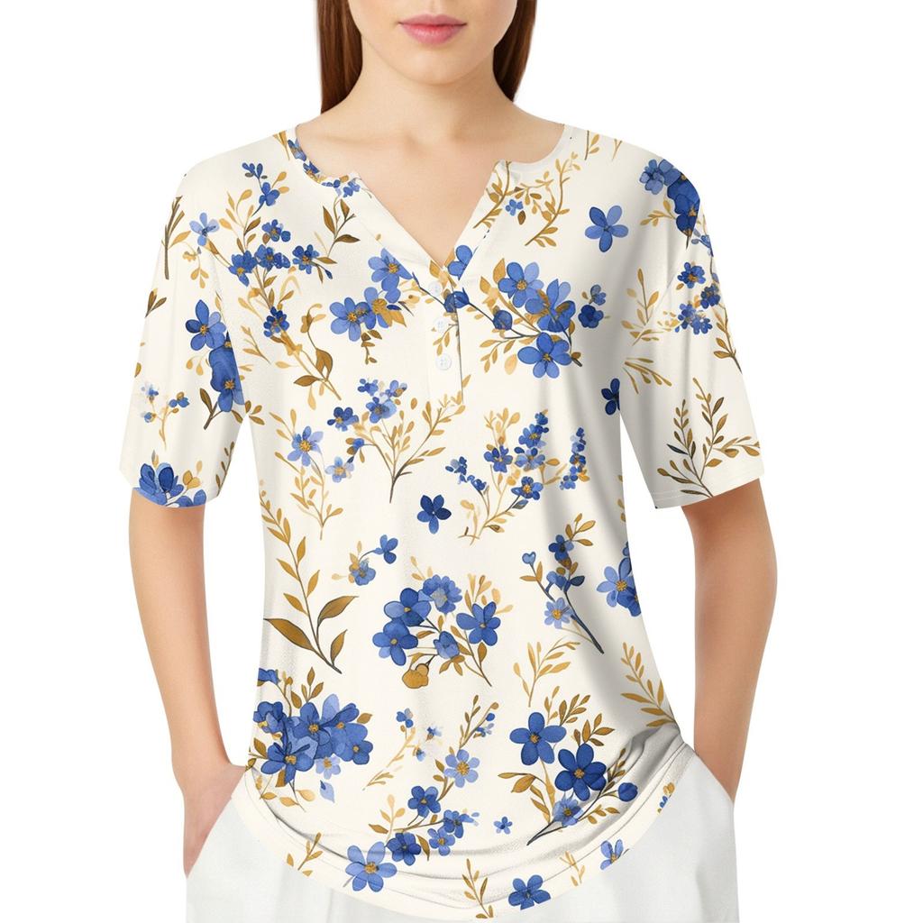 Damen T-Shirt mit Aufdruck und Knopfleiste, kurzärmelig, für den Alltag, Wochenende, modisch, Basic, V-Ausschnitt, normales Oberteil