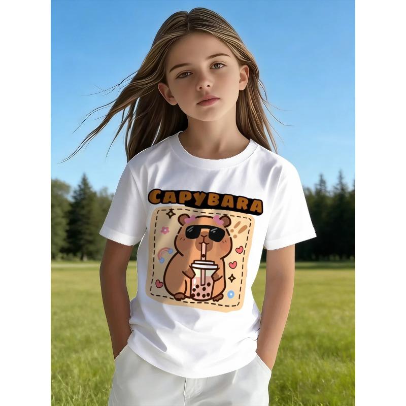 Girls White Crewneck Summer Tee, Cute Capybara Drinking Bubble Tea Cartoon Print 110 белый