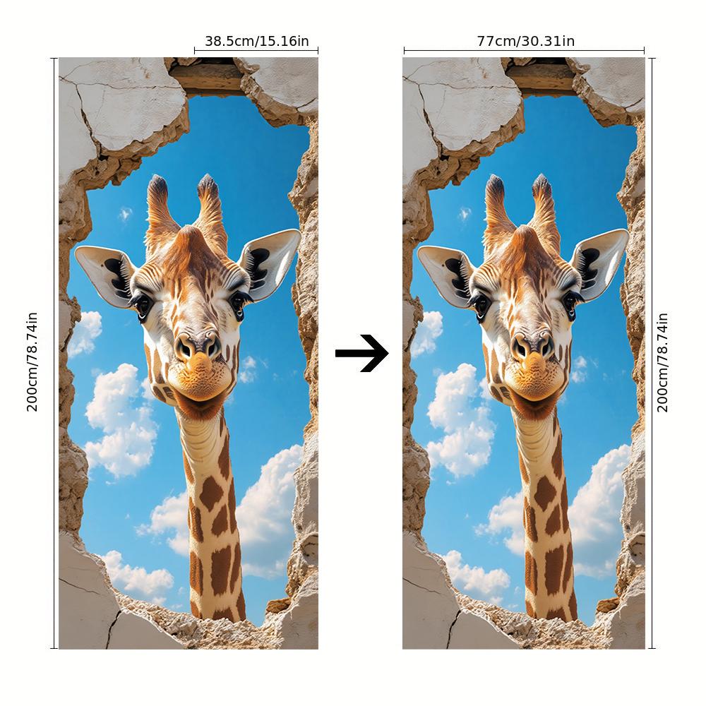 1pcs Self Adhesive Removable Vinyl Door Stickers Creative Giraffe Breaks Wall and Begins with 3D Visual Effects Home Decoration