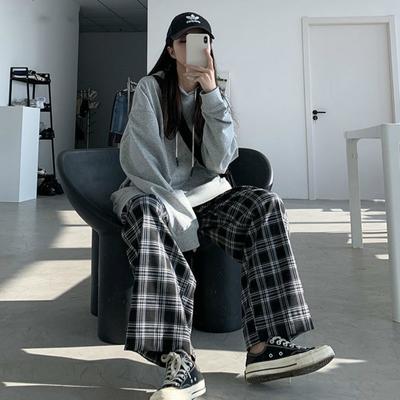 Geniş Paça Pantolon Kadın Yaz Sonbahar Şık Yüksek Bel Her Şeye Uyumlu Gençler Sokak Giyim Trend Harajuku Ekose Kadın Pantolon