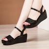 New 2025 Summer Chunky Platform Wedges Shoes Soft Leather Medium Heels Sandals Women Floral Cutout Black Beach Sandal Mom