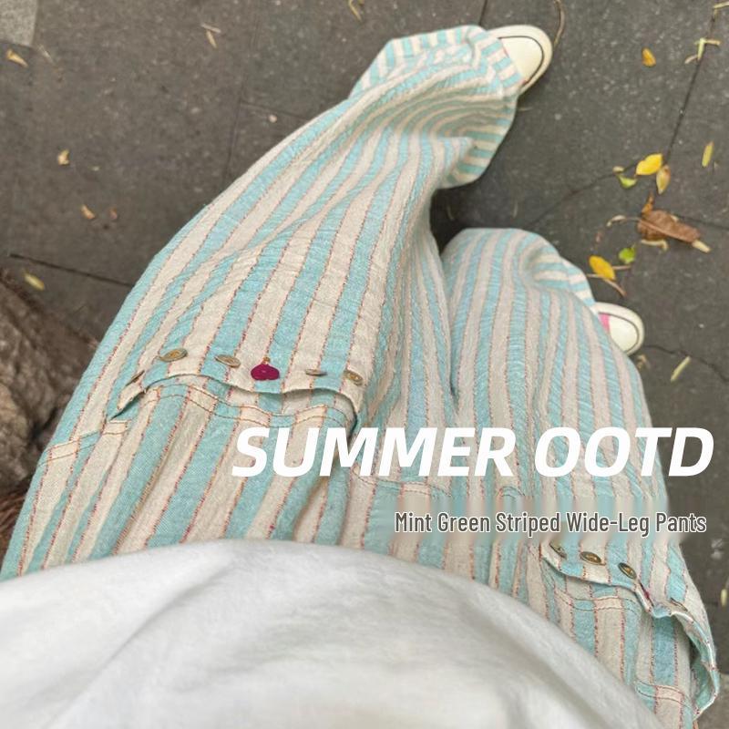 

2025 New Women s Green Striped Ice Silk Wide-Leg Pants: Casual, Loose, Colorful Button, Straight-Leg Style for Spring and Autumn XXL (up to 75 kg)