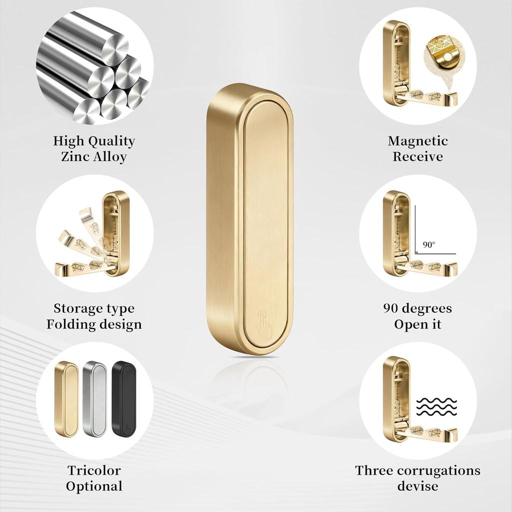 Foldable Hooks, 4-Pack Gold Folding Coat Hooks Heavy-Duty Zinc Alloy Folding Wall Hooks Folding Hooks Wall-Mounted for Hanging Coat Towels Clothes