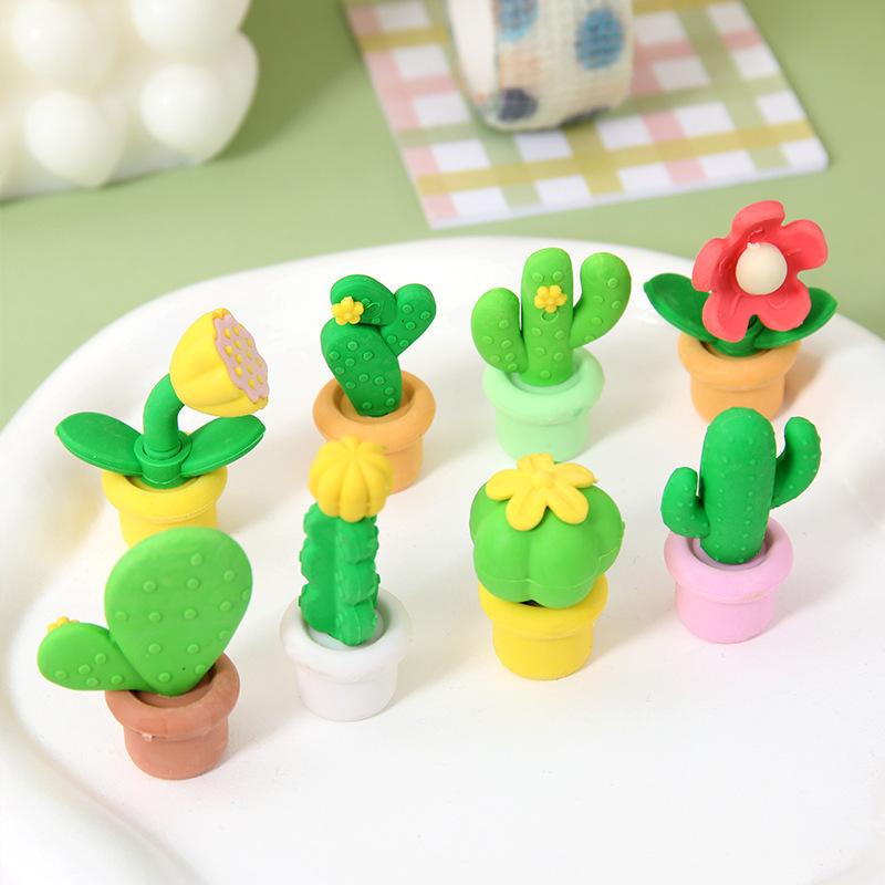 4Pcs Cute Cartoon Cactus Succulent Potted Shaped Eraser Less Crumb Pencil Eraser Primary School Student Stationery Supplies Gift