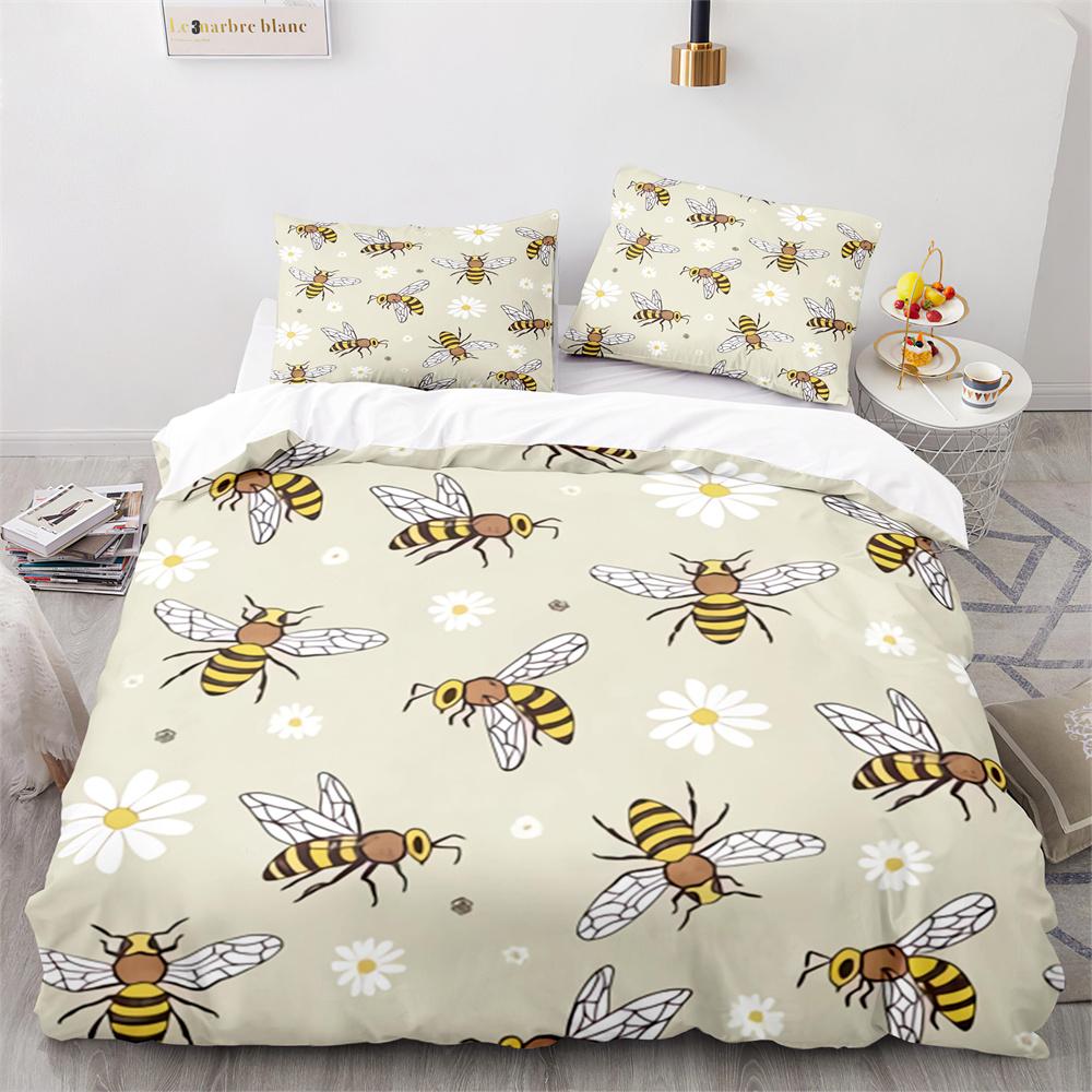 Bee Duvet Cover Set Watercolour Painting Cartoon Cute Wildlife Comforter Cover King Queen for Kids Girl Polyester Bedding Set