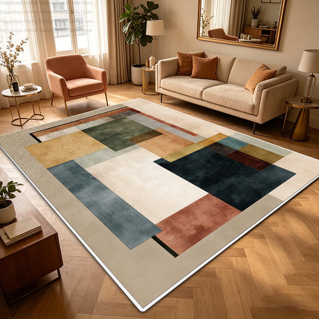 Nordic Retro Warm Colored Living Room Carpet Machine Washable Non-slip Decoration Bedroom Rug Short Velvet Study Geometric Mat