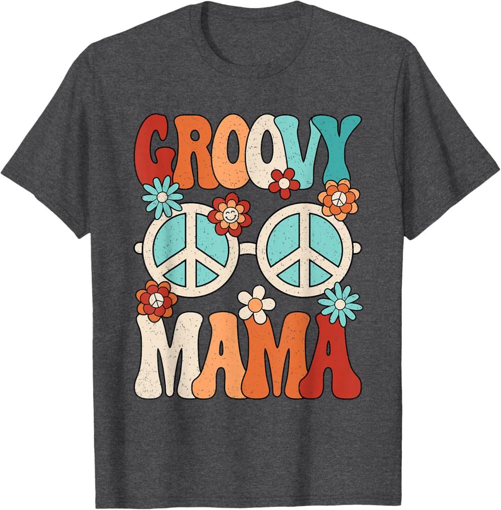 Groovy Mama Peace Sign Flowers Retro Hippie Graphic Tee Women's Casual Trip T-Shirt