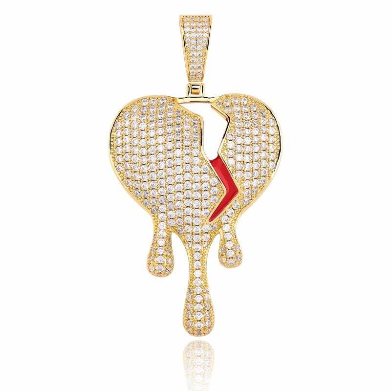 Broken Heart Pendant Necklace Hip Hop Style Full Zircon Water Drop Shape Gold