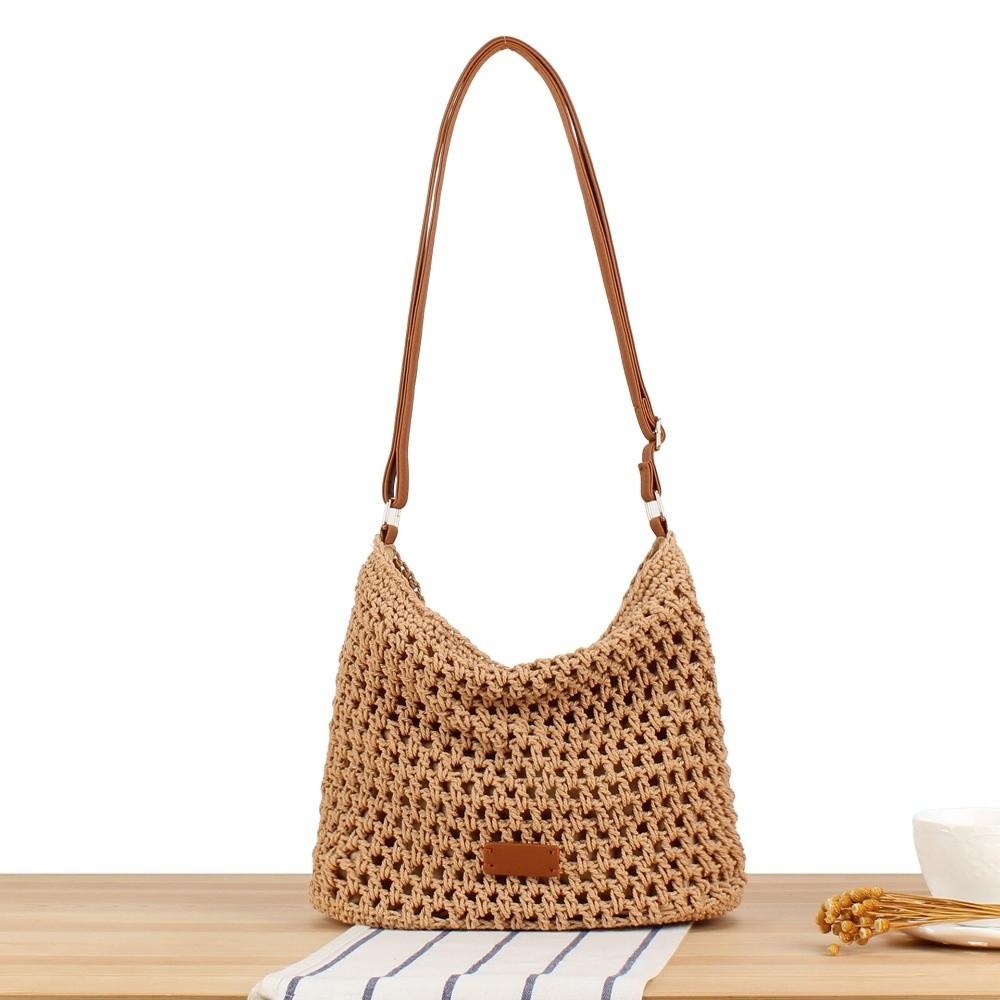 

Fashion Large Capacity Shoulder Bag Bucket Shape Hollow Out Straw Bag Solid Color Tote Bag Summer хаки