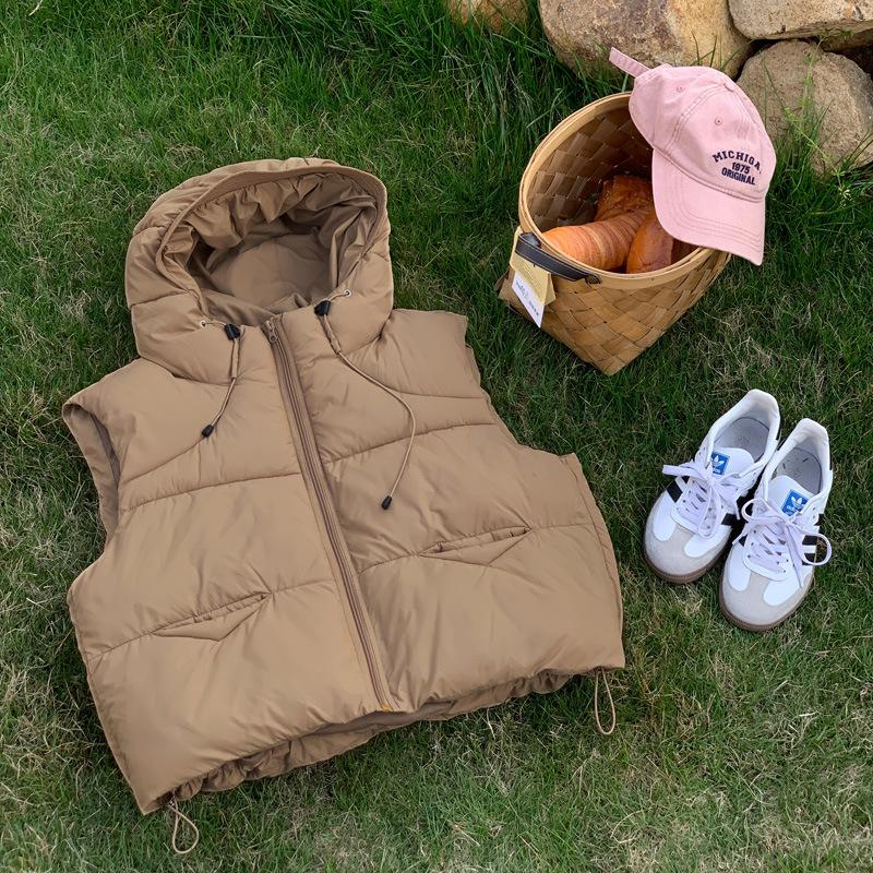 

New autumn and winter puffs turtle back thin and warm down cotton vest women s hooded short loose vest vest vest 2XL хаки