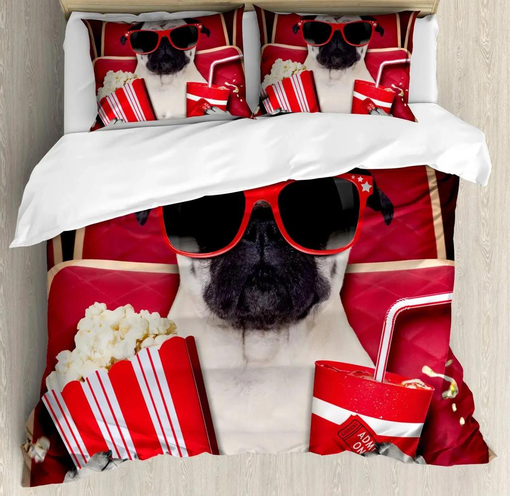 Cartoon Pug Dog Duvet Cover Set Comforter Cover Soft Bedding Set Full Size for Boys Girls Bedroom 2/3 Pieces with Pillow Shams