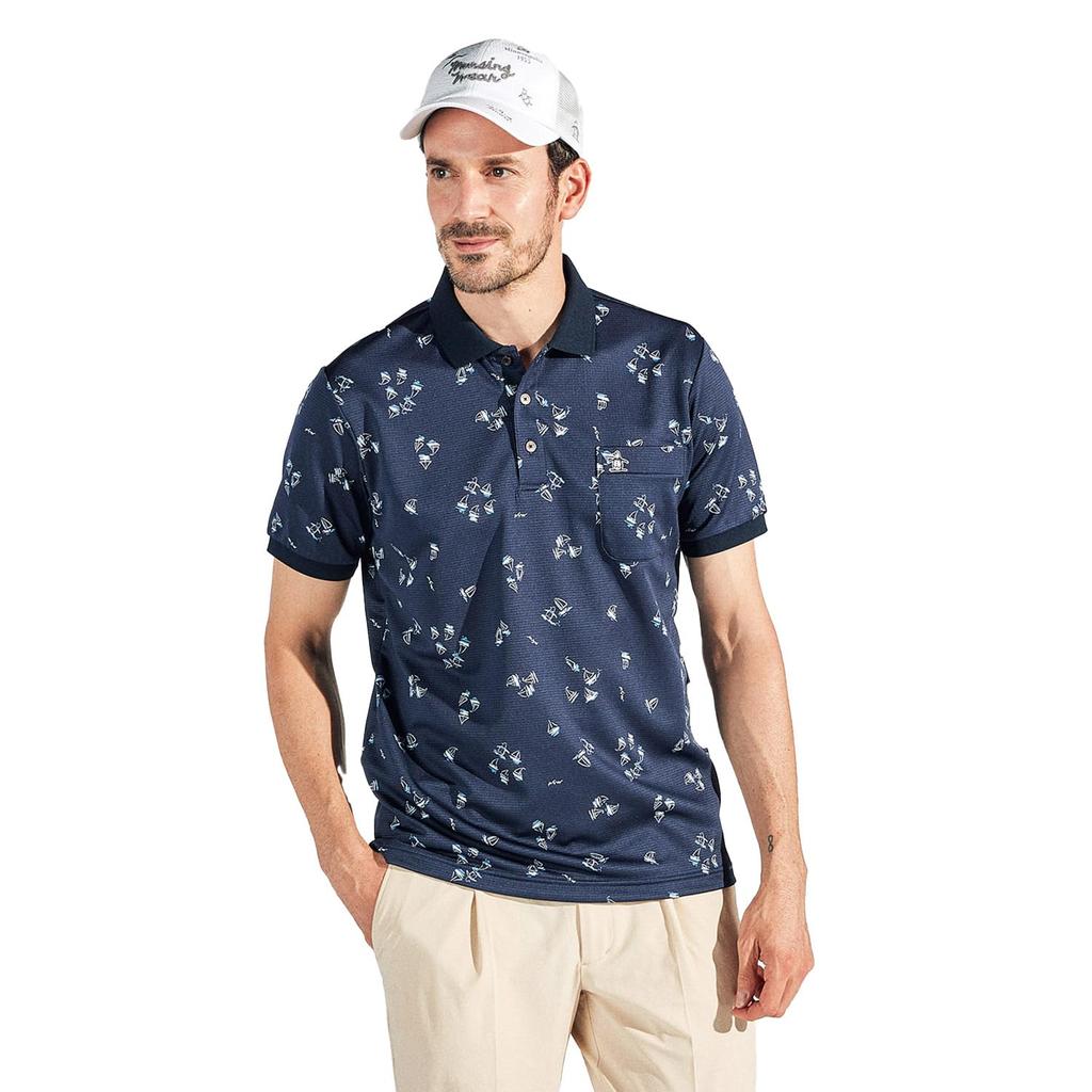Munsingwear MG5SHS34M Short Sleeve Golf NV00 Men's Shirt, Collared, All-Over Print, Moisture-Wicking, Quick-Drying, Stretch, Shirt, Navy,